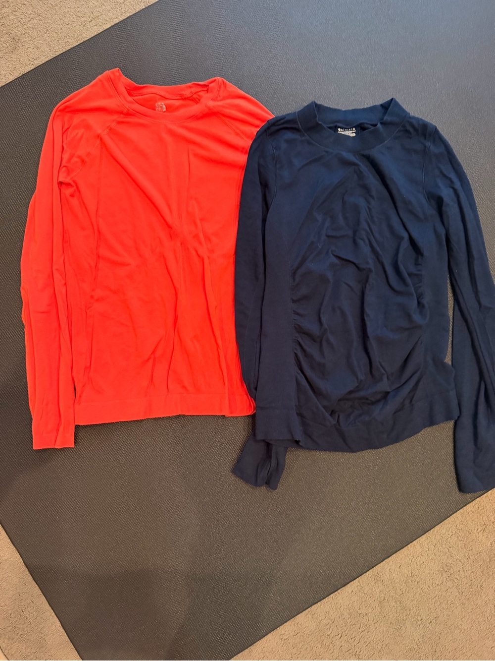 Athleta Foothill Ascent Long Sleeve in Navy and Sweaty Betty Sweater in Coral